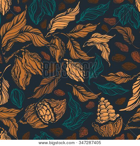 Cacao Seamless Pattern. Vector Hand Drawn Botanical Branch, Bean, Tropical Fruit, Green Leaf, Retro 