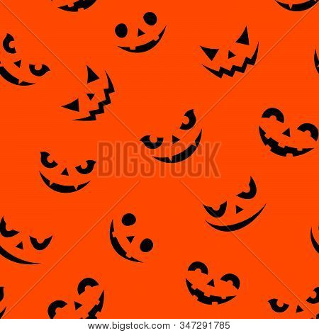 Vector Seamless Pattern With Jack-o-lantern Faces On An Orange Background.