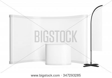 Promotion Counter Mockup. Realistic Vector Pop Up Stand. Trade Exhibition Point Of Sale With Wall, T