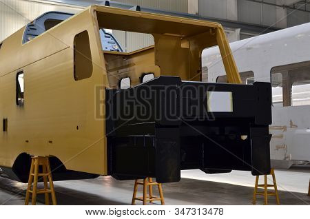 Inside Of The Rail Car Assembly Plant. Industrial Workshop For The Production Of High Speed Trains. 