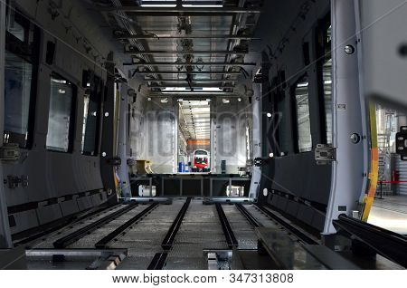 Inside Of The Rail Car Assembly Plant. Industrial Workshop For The Production Of High Speed Trains. 
