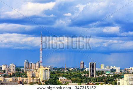 Cityscape Of The Summer City Of Kyiv With A Television Tower And Residential Quarters In The Impendi