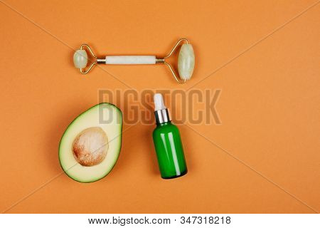 Modern Accessories And Herbal Cosmetics For Natural Face Care. Flat Lay Style.