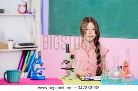 Small Girl With Microscope. Scientific Experiment. Fascinating Lesson. Explore Microbiology. Study B