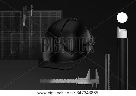 Black Construction Helmet, Calliper, Pencil, Drawing Tube, Cutter Knife And Cutting Mat. 3d Renderin