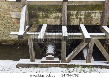 Old Watermill With Pulverized Water Wheel In Roznov Pod Radhostem, Snow, Snowing In Winter