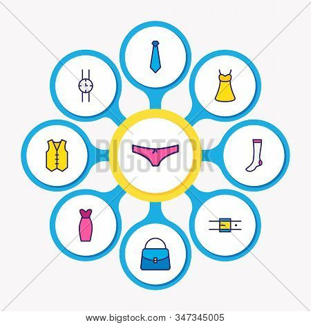 Illustration Of 9 Garment Icons Colored Line. Editable Set Of Underwear, Socks, Belt And Other Icon 