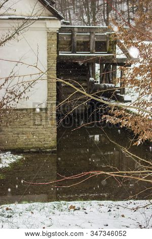 Old Watermill With Pulverized Water Wheel In Roznov Pod Radhostem, Snow, Snowing In Winter