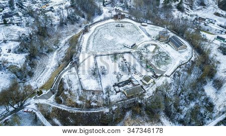Aerial View Of Medieval Castle Mound In Belarusian City Of Mstislavl. Travel Concept.