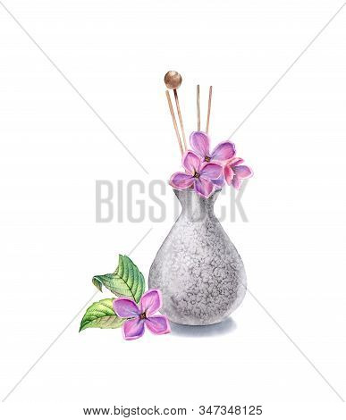 Watercolor Vase With Lilac Flowers. Refresher With Wooden Sticks. Interior Decotation Of Grey Stone.