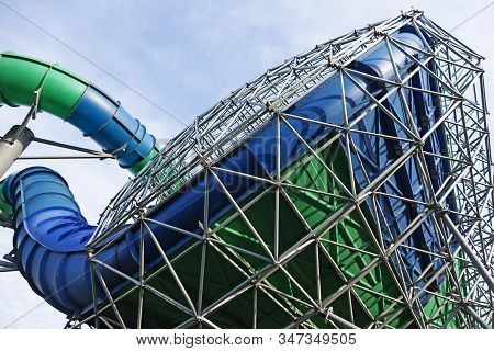 Rodby, Denmark - July 19, 2019: Part Of A Large Water Slide Called Tornado