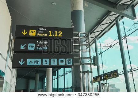 09.2019, Manises, Spain: Icons Symbols Signposts At The Spanish Airport Of Valencia Manises