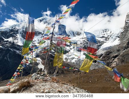 Buddhist Prayer Flags And Peak 7 Vii, Maklu Barun National Park,  Mountains