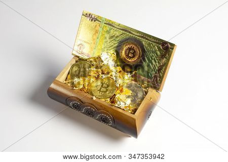 Golden Bitcoin Coins , Gold And Banknote In The Treasure Trove, Cryptocurrency In Wooden Chest, Gift