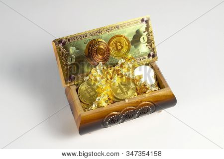 Golden Bitcoin Coins , Gold And Banknote In The Treasure Trove, Cryptocurrency In Wooden Chest, Gift