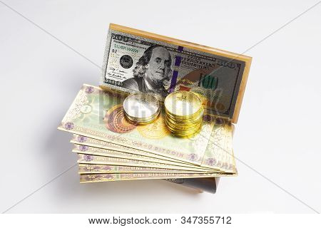 Bitcoin, Dollar Banknotes And Golden Btc Coins On The Treasure Trove, Cryptocurrency In Wooden Chest