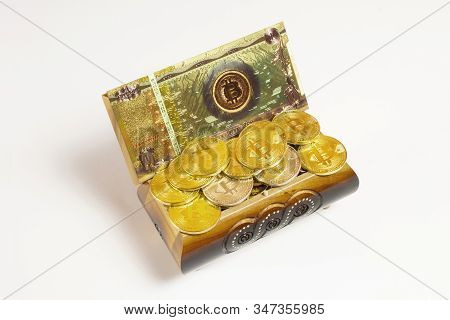 Golden Bitcoin Coins And Banknote In The Treasure Trove, Cryptocurrency In Wooden Chest, Gift, Decor