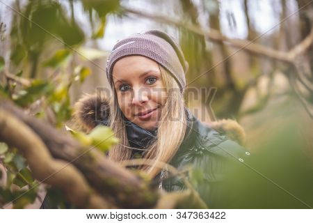 Portrait Of A Young Blonde In The Otzarreta Forest In The Natural Park Of Gorbea, Bizkaia. Basque Co