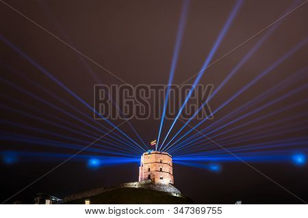 Vilnius, Lithuania - January 26, 2020: Vilnius Main Symbol, Gediminas Castle Illuminated For 697  Ci