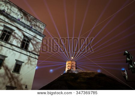 Vilnius, Lithuania - January 26, 2020: Vilnius Main Symbol, Gediminas Castle Illuminated For 697  Ci