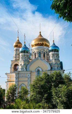 Russia, Vladivostok, July 2018: Cathedral Of Intercession Of  Holy Virgin
