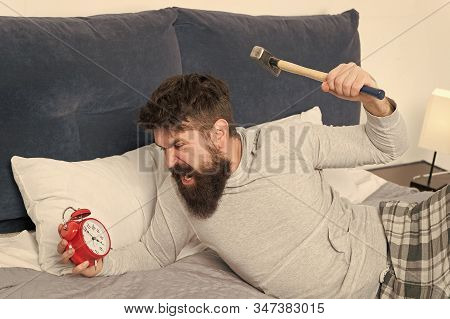 Stop Ringing. Bearded Man Hipster Want To Sleep. Hate Noise Of Alarm Clock. Stages Of Sleep. Man Awa