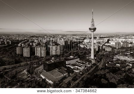 MADRID, SPAIN â MAY 13, 2018: Torrespana or Spain Tower is a television tower for National terrestrial television channels RTVE, Telecinco, Antena 3 and Telemadrid.