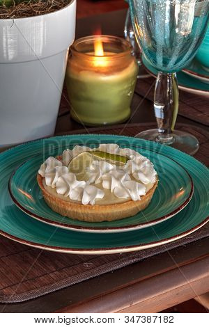 Green Keylime Pie Dessert On A Blue Plate
