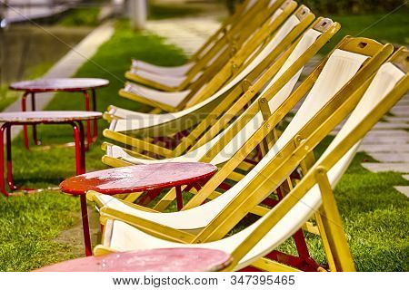 Resting Chairs In Porto City In Portugal At Dusk.horizontal Image