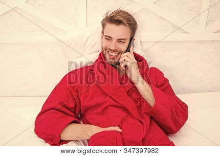 Good Morning. Hipster Guy Pajamas Bathrobe Freelance Worker Relaxing At Home. Remote Work Concept. G