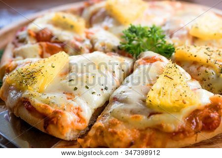 Close Up Of Hawaiian Pizza Juicy Pineapple Chunks Ham Bits Melted Mozzarella Cheese