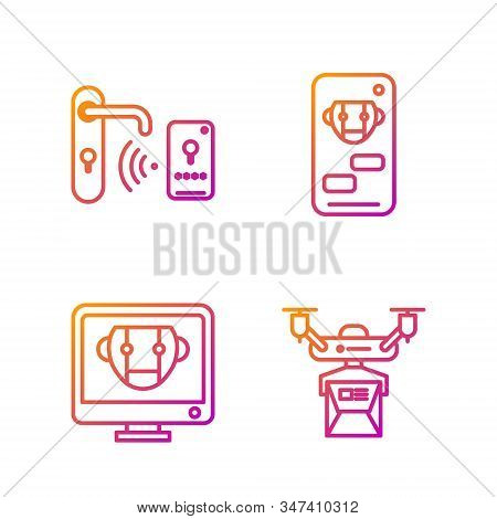 Set Line Drone Delivery Concept, Bot, Digital Door Lock With Wireless Technology For Unlock And Bot.