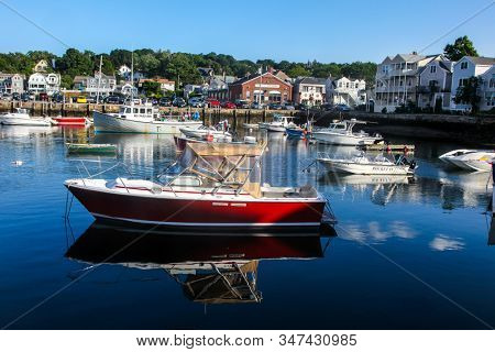 ROCKPORT, MASSACHUSETTS, USA - AUGUST 08, 2014: A view of Rockport Harbor with boats in nice Summer day.