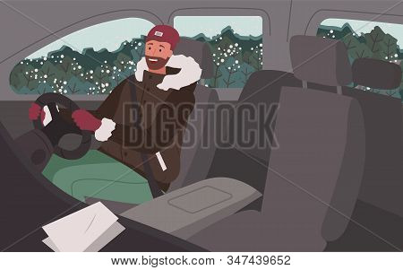 Man Drive Car Alone. Interior Of Internal Space, Black Salon Of Auto. Driver Ride Vehicle Carefully.