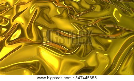 3d Render Beautiful Folds Of Golden Silk In Full Screen, Like A Beautiful Clean Fabric Background Li