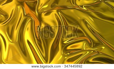3d Render Beautiful Folds Of Golden Silk In Full Screen, Like A Beautiful Clean Fabric Background Li