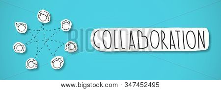 Collaboration Lettering With Group Of People Connected In Circle, Blue Background, Panorama