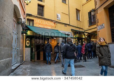 Madrid, Spain - January 25, 2020: Famous Chocolatería San Ginés Selling Chocolate Churros Located In