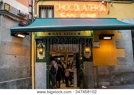 Madrid, Spain - January 25, 2020: Famous Chocolatería San Ginés Selling Chocolate Churros Located In