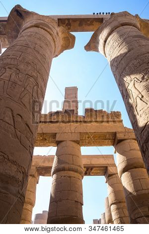 Luxor, Egypt, Africa. Columns With Hieroglyphs In The Temple Of Karnak