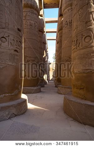 Luxor, Egypt, Africa. Columns With Hieroglyphs In The Temple Of Karnak
