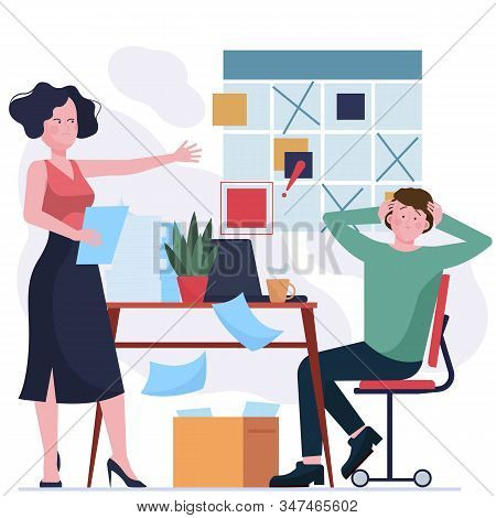 Angry Manager Blaming Scared Colleague. Two Employees Arguing At Note Board Flat Vector Illustration