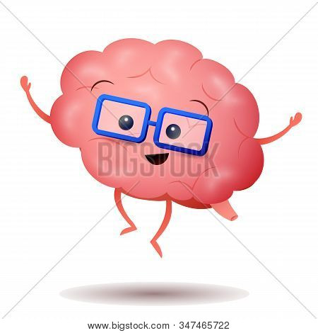 Cartoon Brain In Glasses Vector Illustration. Happy Character, Human Organ, Face. Anatomy For Kids, 