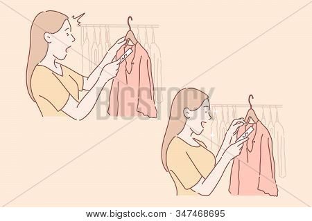 Shopping, Sale, Buyer Set Concept. Happy Woman Saw Dress On Sale And Amazed At It. Young Girl Buyer 