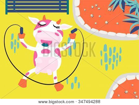 Cute Cow Rope Jumping In An Amusement Park. Kids Book Illustration Vector. Happy Cartoon Cow Doing L