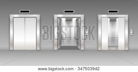 Chrome Metal Office Building Elevator Doors. Open, Closed And Half Closed Variant.  Glossy Flooring 