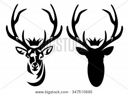 Wild Deer Stag With Large Antlers And Royal Crown - Heraldic Animal Head Black And White Vector Desi