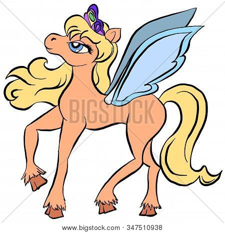 Vector Cartoon Pony. Cartoon Character Pegasus. Lovely Pony With Wings And Crown.