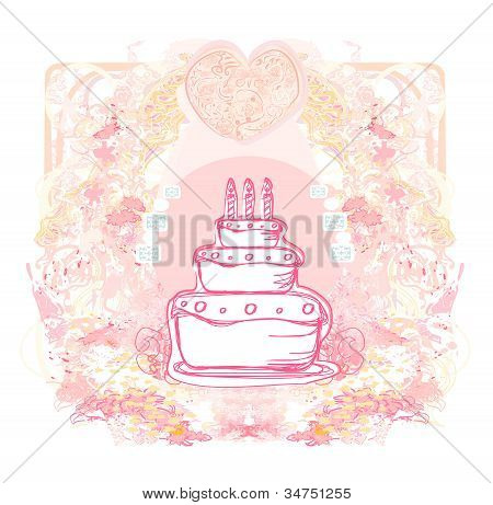Carte d'anniversaire joyeux avec gâteau d'anniversaire, vector illustration