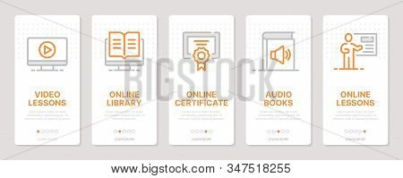E-learning Realted Vertical Cards. Mobile App Onboarding Screens Templates For A Website. Icons With